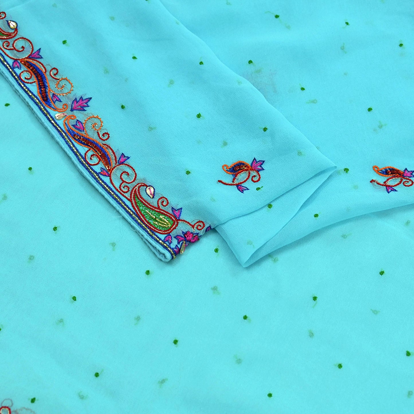 Indian Vintage Blue Dupatta Pure Georgette silk Long Stole Hand Embroidered Scarves Stole Veil Wrap Sequins Dabka/ Zardozi