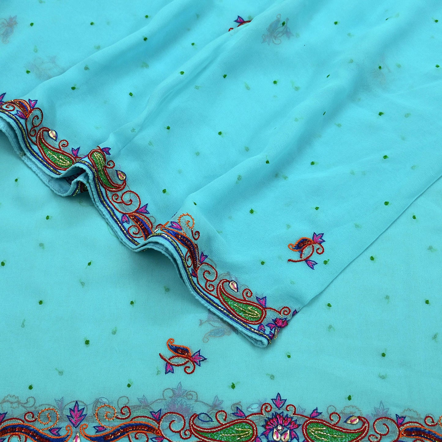 Indian Vintage Blue Dupatta Pure Georgette silk Long Stole Hand Embroidered Scarves Stole Veil Wrap Sequins Dabka/ Zardozi