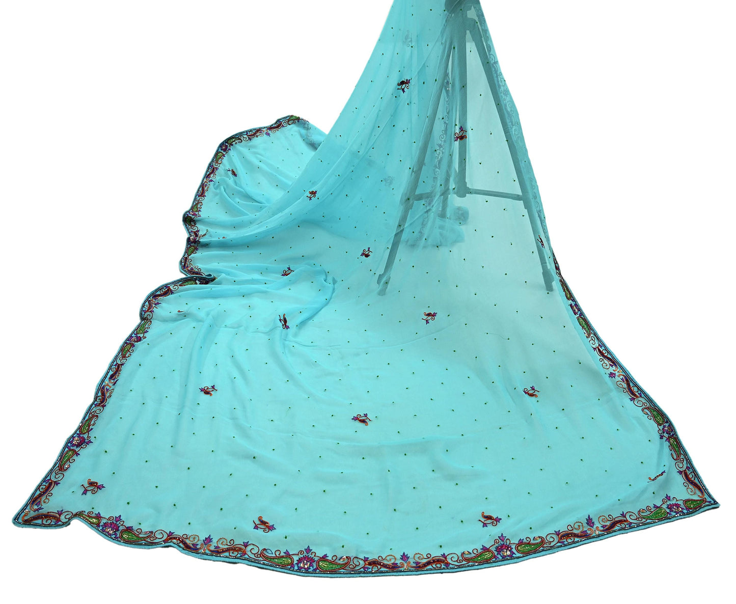 Indian Vintage Blue Dupatta Pure Georgette silk Long Stole Hand Embroidered Scarves Stole Veil Wrap Sequins Dabka/ Zardozi