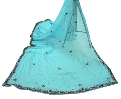 Indian Vintage Blue Dupatta Pure Georgette silk Long Stole Hand Embroidered Scarves Stole Veil Wrap Sequins Dabka/ Zardozi