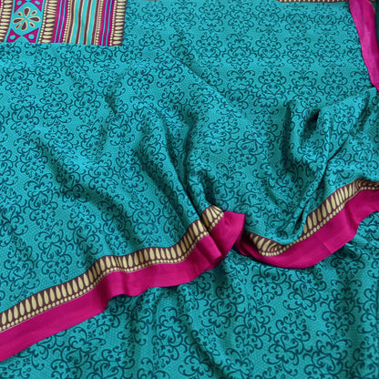 Indian Vintage Moss Crepe Saree | Printed Floral Sari Fabric | 6 Yards | Soft Craft Fabric for Sewing, Dressmaking, Quilting,Upcycling