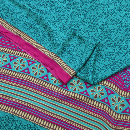 Indian Vintage Moss Crepe Saree | Printed Floral Sari Fabric | 6 Yards | Soft Craft Fabric for Sewing, Dressmaking, Quilting,Upcycling