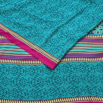 Indian Vintage Moss Crepe Saree | Printed Floral Sari Fabric | 6 Yards | Soft Craft Fabric for Sewing, Dressmaking, Quilting,Upcycling