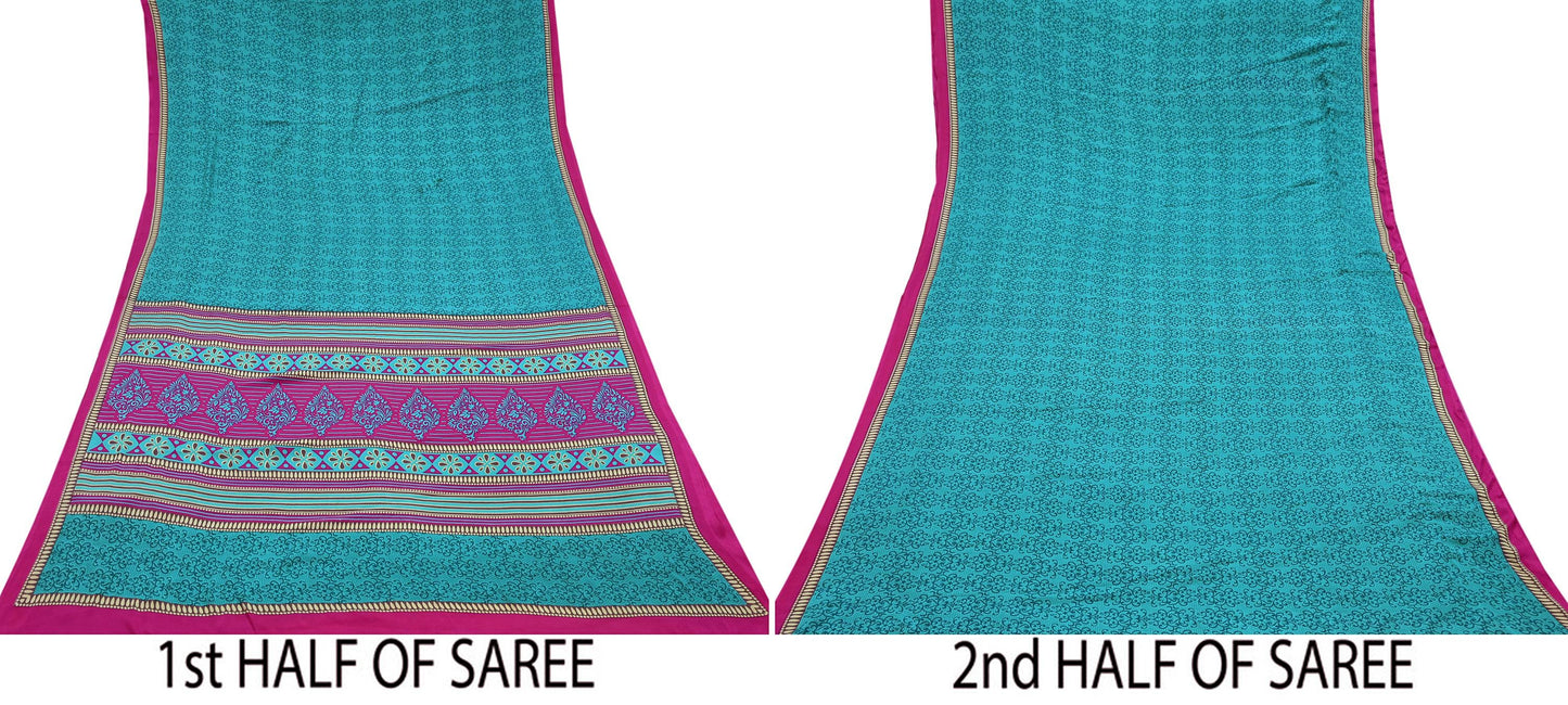 Indian Vintage Moss Crepe Saree | Printed Floral Sari Fabric | 6 Yards | Soft Craft Fabric for Sewing, Dressmaking, Quilting,Upcycling