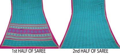 Indian Vintage Moss Crepe Saree | Printed Floral Sari Fabric | 6 Yards | Soft Craft Fabric for Sewing, Dressmaking, Quilting,Upcycling