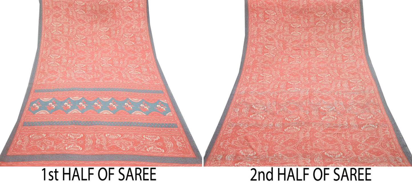 Indian Vintage Moss Crepe Saree | Printed Floral Sari Fabric | 6 Yards | Soft Craft Fabric for Sewing, Dressmaking, Quilting,Upcycling