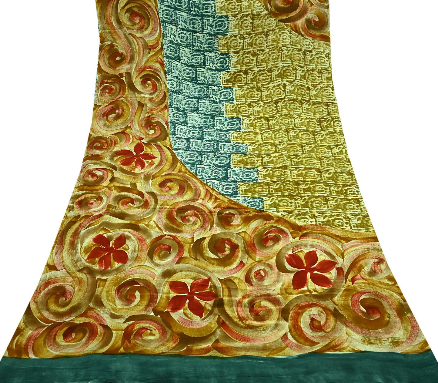 Indian Vintage Green Pure Crepe Silk Saree | Abstract Print | 5 Yards | Soft Sewing Fabric for Dressmaking, Quilting, Crafting & Upcycling