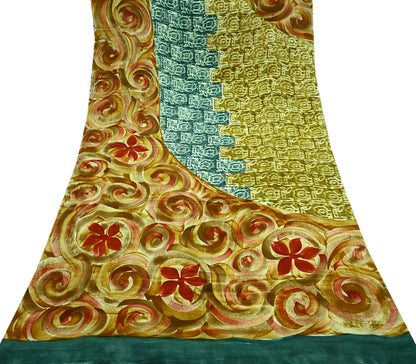 Indian Vintage Green Pure Crepe Silk Saree | Abstract Print | 5 Yards | Soft Sewing Fabric for Dressmaking, Quilting, Crafting & Upcycling
