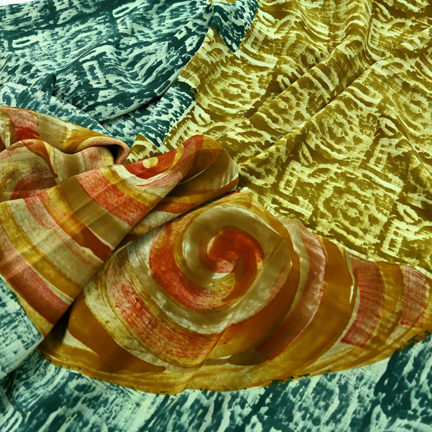Indian Vintage Green Pure Crepe Silk Saree | Abstract Print | 5 Yards | Soft Sewing Fabric for Dressmaking, Quilting, Crafting & Upcycling