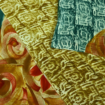 Indian Vintage Green Pure Crepe Silk Saree | Abstract Print | 5 Yards | Soft Sewing Fabric for Dressmaking, Quilting, Crafting & Upcycling