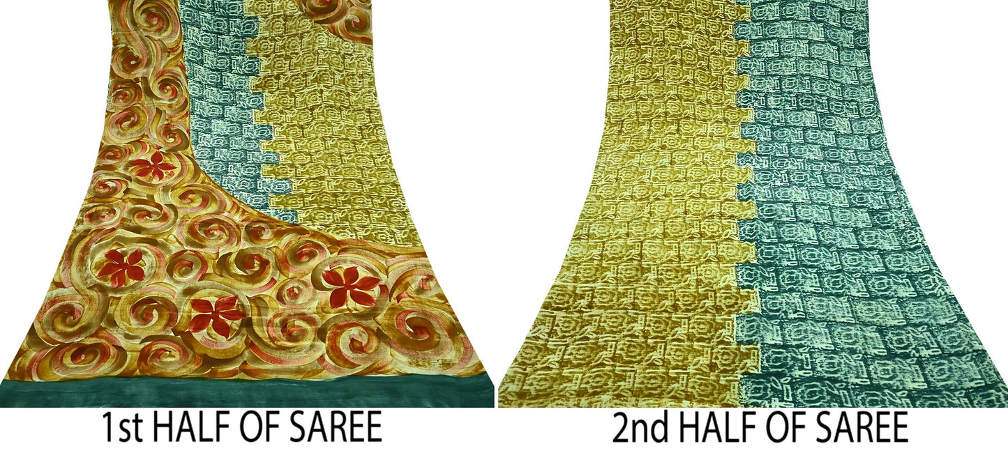 Indian Vintage Green Pure Crepe Silk Saree | Abstract Print | 5 Yards | Soft Sewing Fabric for Dressmaking, Quilting, Crafting & Upcycling