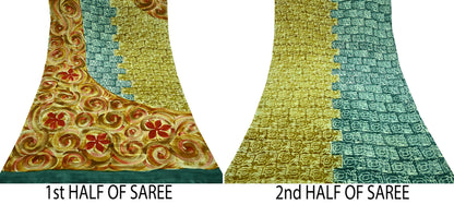 Indian Vintage Green Pure Crepe Silk Saree | Abstract Print | 5 Yards | Soft Sewing Fabric for Dressmaking, Quilting, Crafting & Upcycling