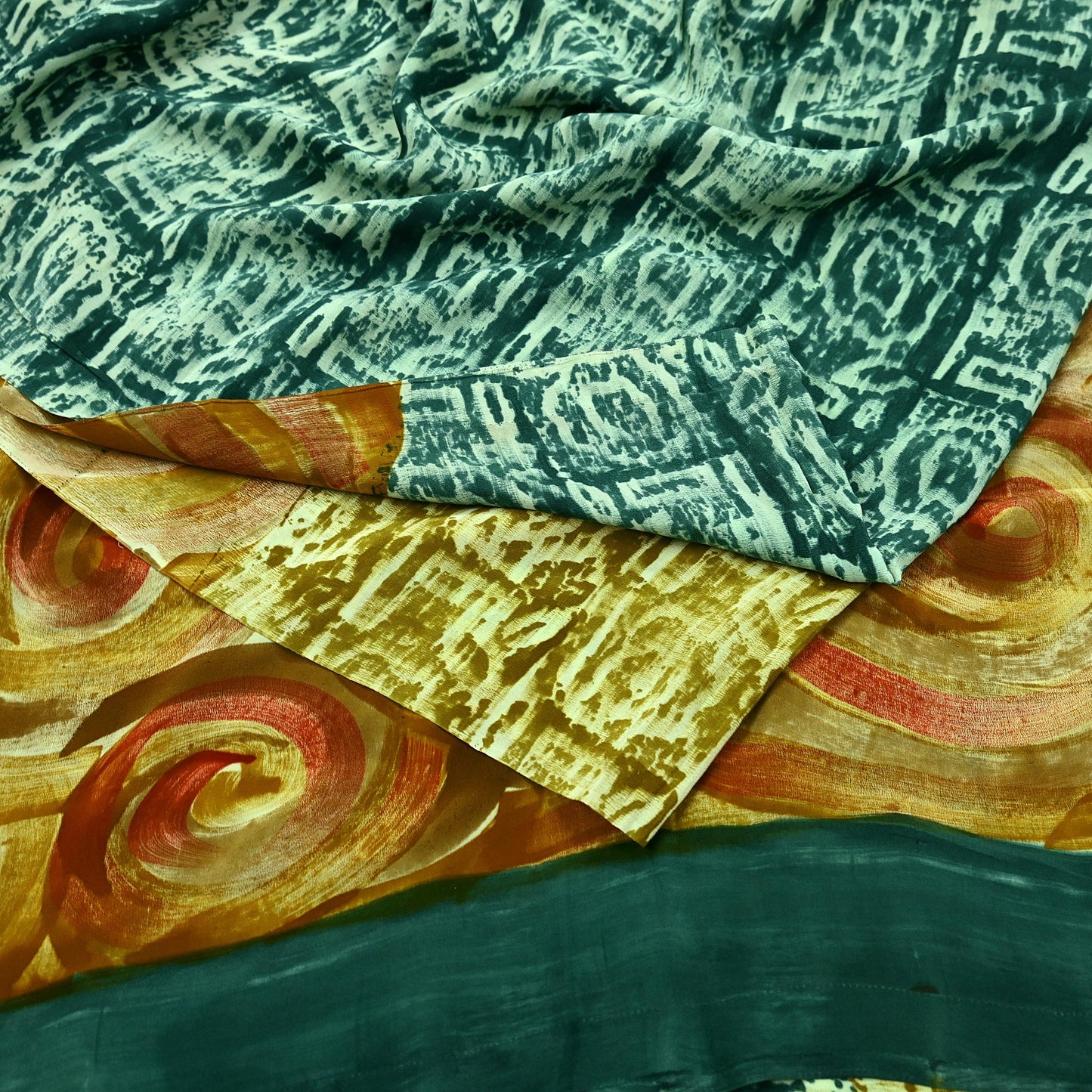 Indian Vintage Green Pure Crepe Silk Saree | Abstract Print | 5 Yards | Soft Sewing Fabric for Dressmaking, Quilting, Crafting & Upcycling