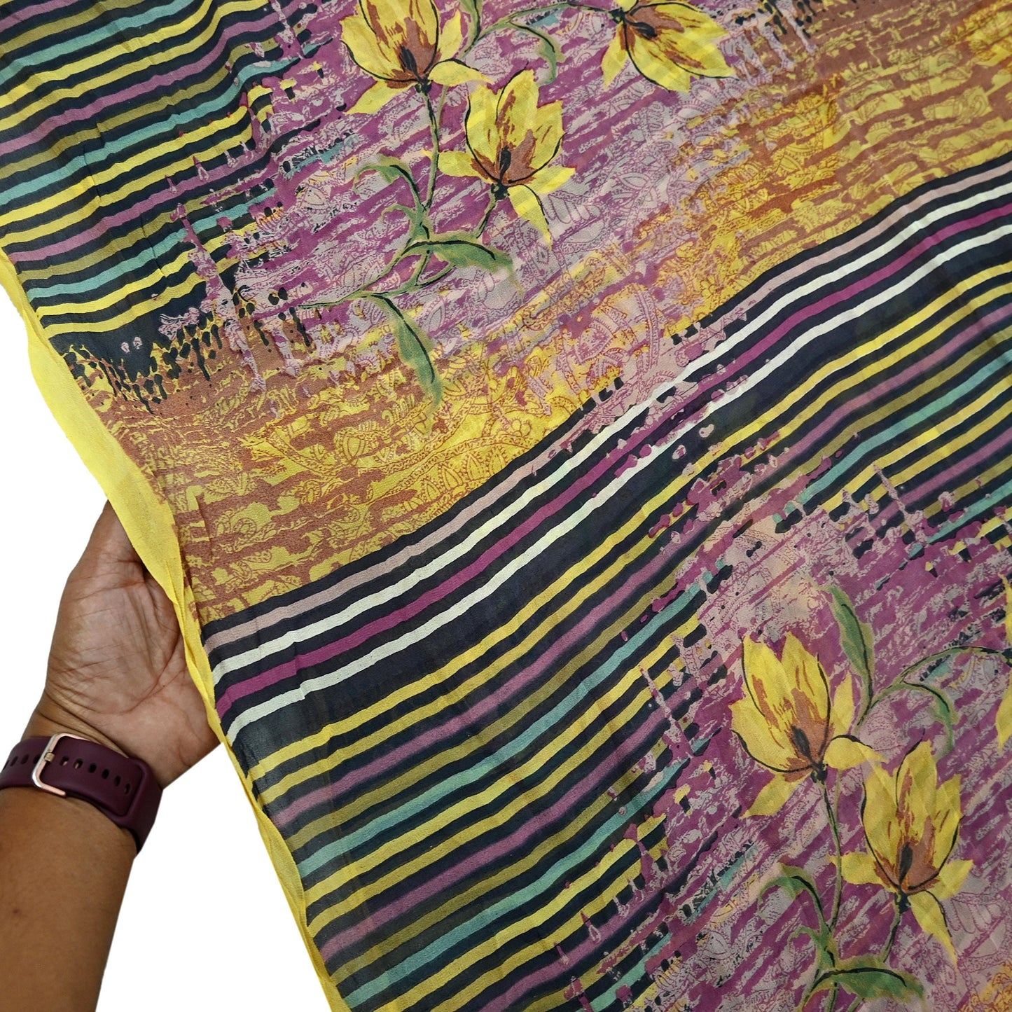 Women Vintage Sari Yellow & Multi 100% Pure Georgette Silk Printed Saree Craft Fabric Sewing 6Yd Soft Dress Making Quilting Upcycle