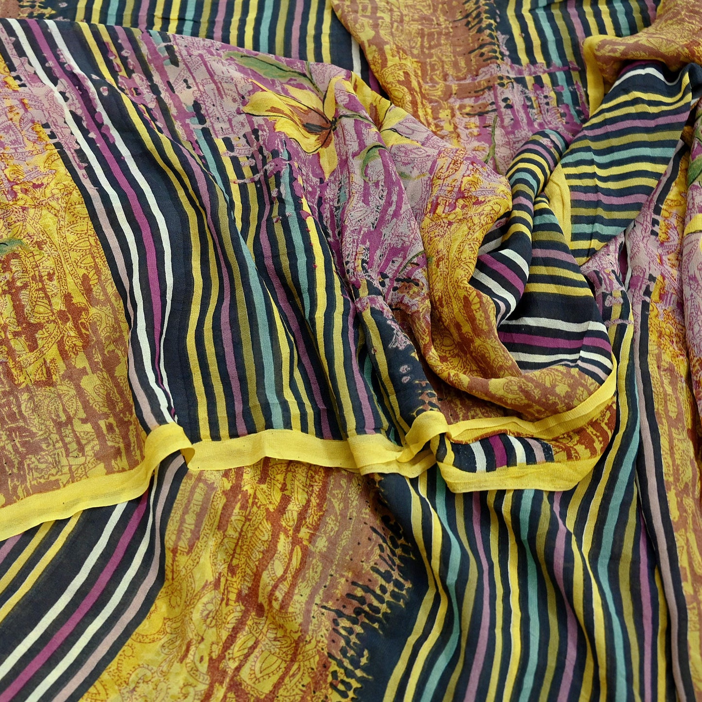 Women Vintage Sari Yellow & Multi 100% Pure Georgette Silk Printed Saree Craft Fabric Sewing 6Yd Soft Dress Making Quilting Upcycle