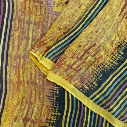 Women Vintage Sari Yellow & Multi 100% Pure Georgette Silk Printed Saree Craft Fabric Sewing 6Yd Soft Dress Making Quilting Upcycle