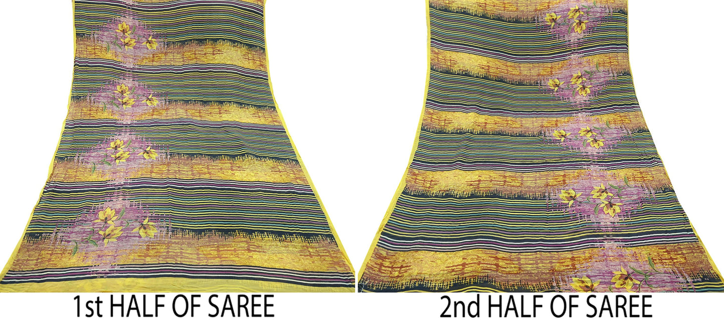 Women Vintage Sari Yellow & Multi 100% Pure Georgette Silk Printed Saree Craft Fabric Sewing 6Yd Soft Dress Making Quilting Upcycle