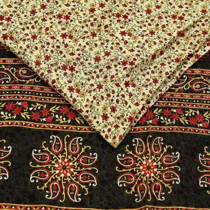 Indian Vintage Sari Beige & Black Printed Pure Cotton Sarees Fabric Floral 5Yd Sarong Wrap Boho Fabric Kimono Soft Dress making Crafting