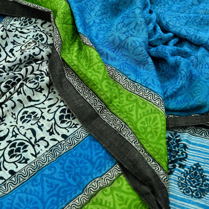 Indian Vintage Sari White & Blue Pure chanderi Silk Block Printed Sarees Craft Fabric 5Yd Fringes Floral Dress making bollywood sarees