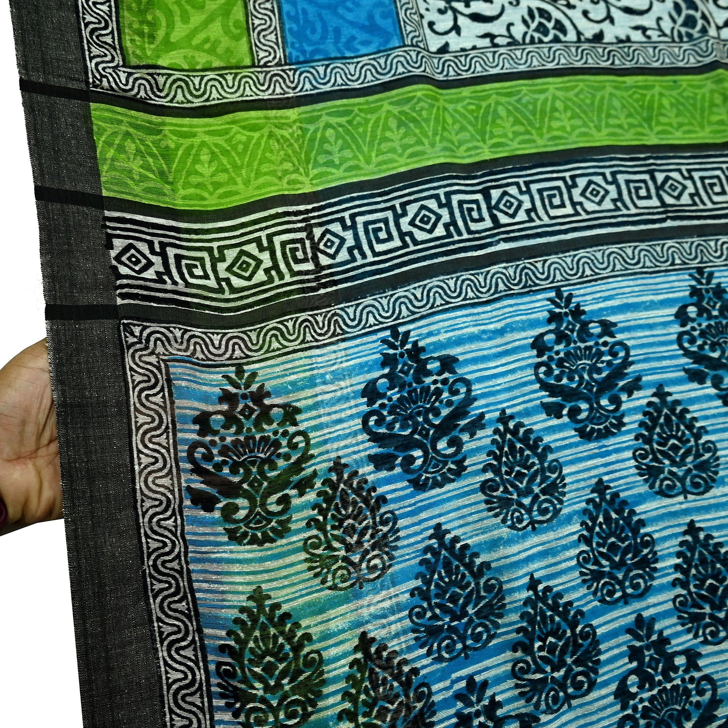 Indian Vintage Sari White & Blue Pure chanderi Silk Block Printed Sarees Craft Fabric 5Yd Fringes Floral Dress making bollywood sarees