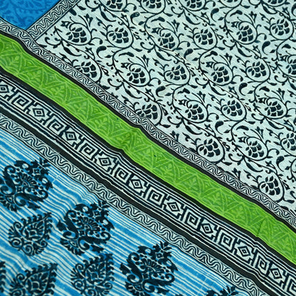 Indian Vintage Sari White & Blue Pure chanderi Silk Block Printed Sarees Craft Fabric 5Yd Fringes Floral Dress making bollywood sarees