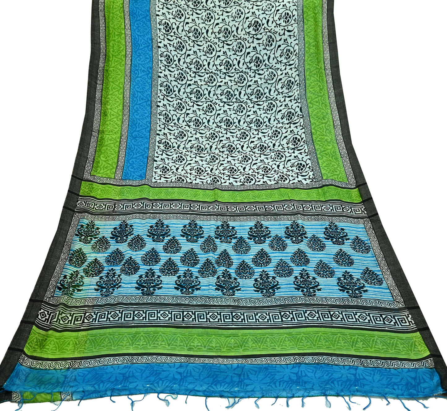 Indian Vintage Sari White & Blue Pure chanderi Silk Block Printed Sarees Craft Fabric 5Yd Fringes Floral Dress making bollywood sarees