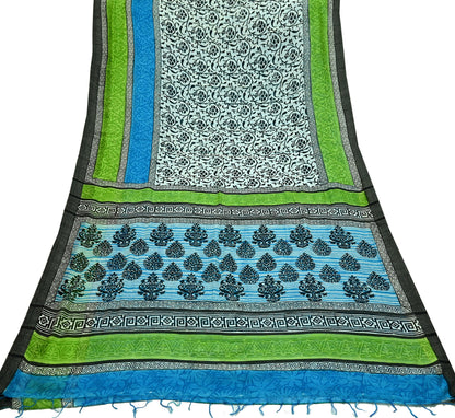 Indian Vintage Sari White & Blue Pure chanderi Silk Block Printed Sarees Craft Fabric 5Yd Fringes Floral Dress making bollywood sarees