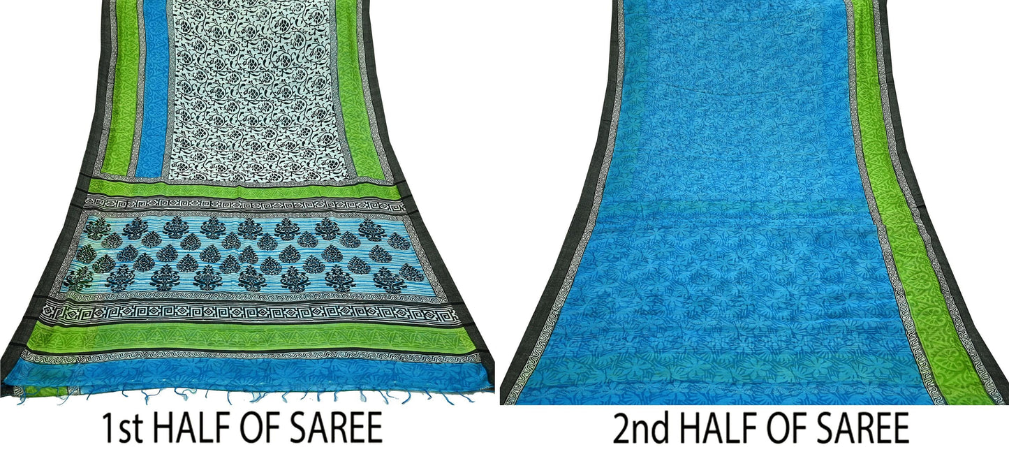Indian Vintage Sari White & Blue Pure chanderi Silk Block Printed Sarees Craft Fabric 5Yd Fringes Floral Dress making bollywood sarees