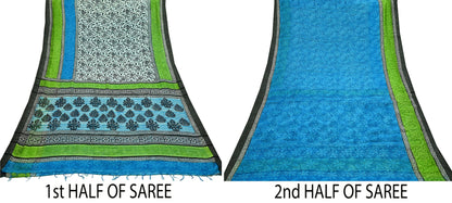 Indian Vintage Sari White & Blue Pure chanderi Silk Block Printed Sarees Craft Fabric 5Yd Fringes Floral Dress making bollywood sarees