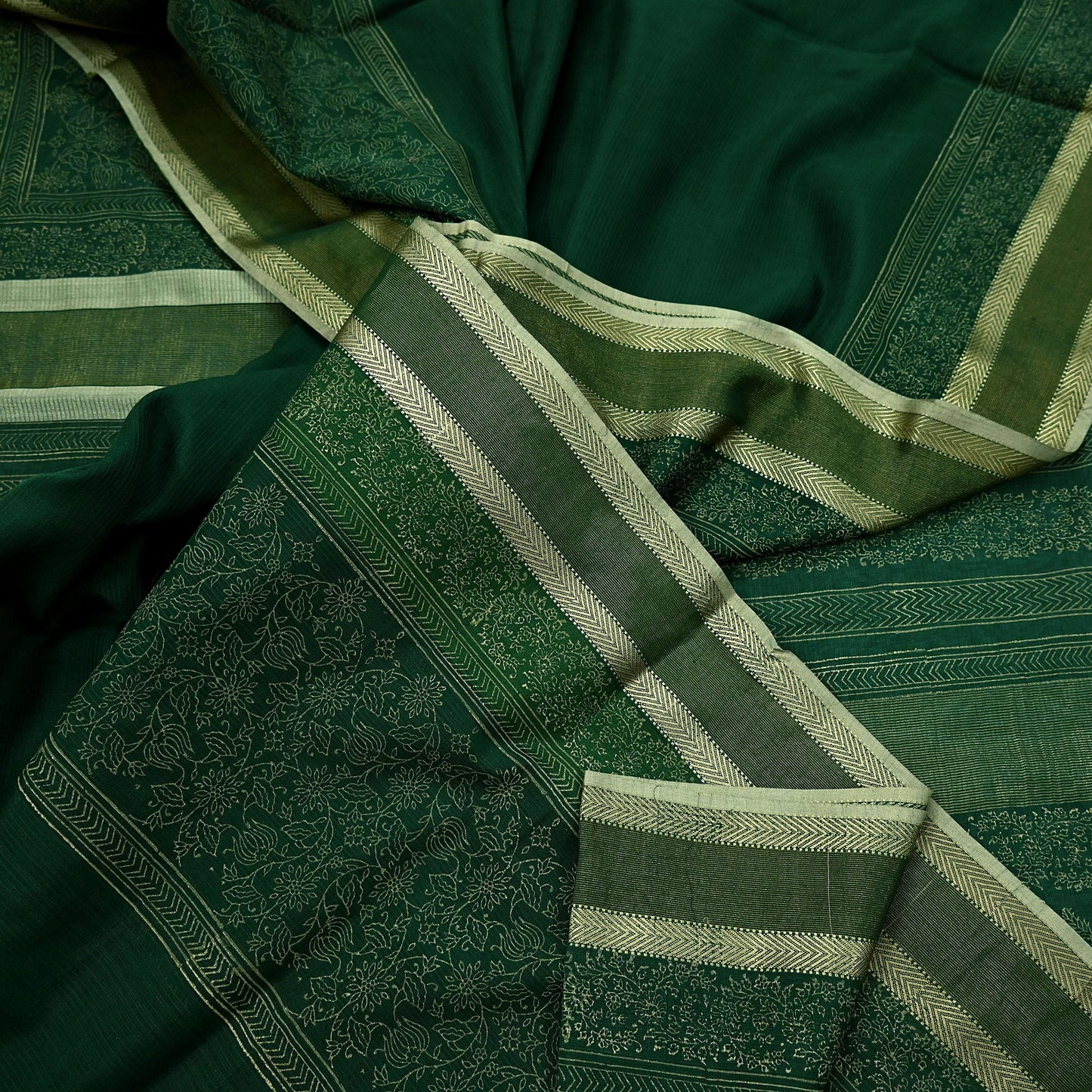 Indian Vintage Sari Green Block Printed Sari Pure chanderi Silk Saree Craft Fabric 5Yd Floral Soft Zari Dress making For Crafting Quilting