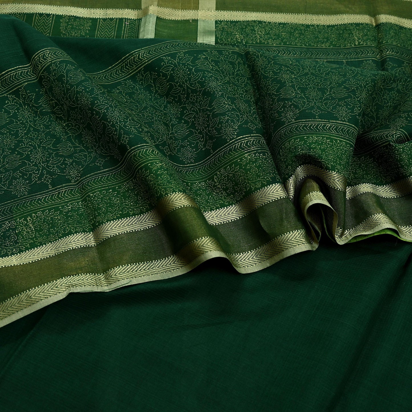 Indian Vintage Sari Green Block Printed Sari Pure chanderi Silk Saree Craft Fabric 5Yd Floral Soft Zari Dress making For Crafting Quilting