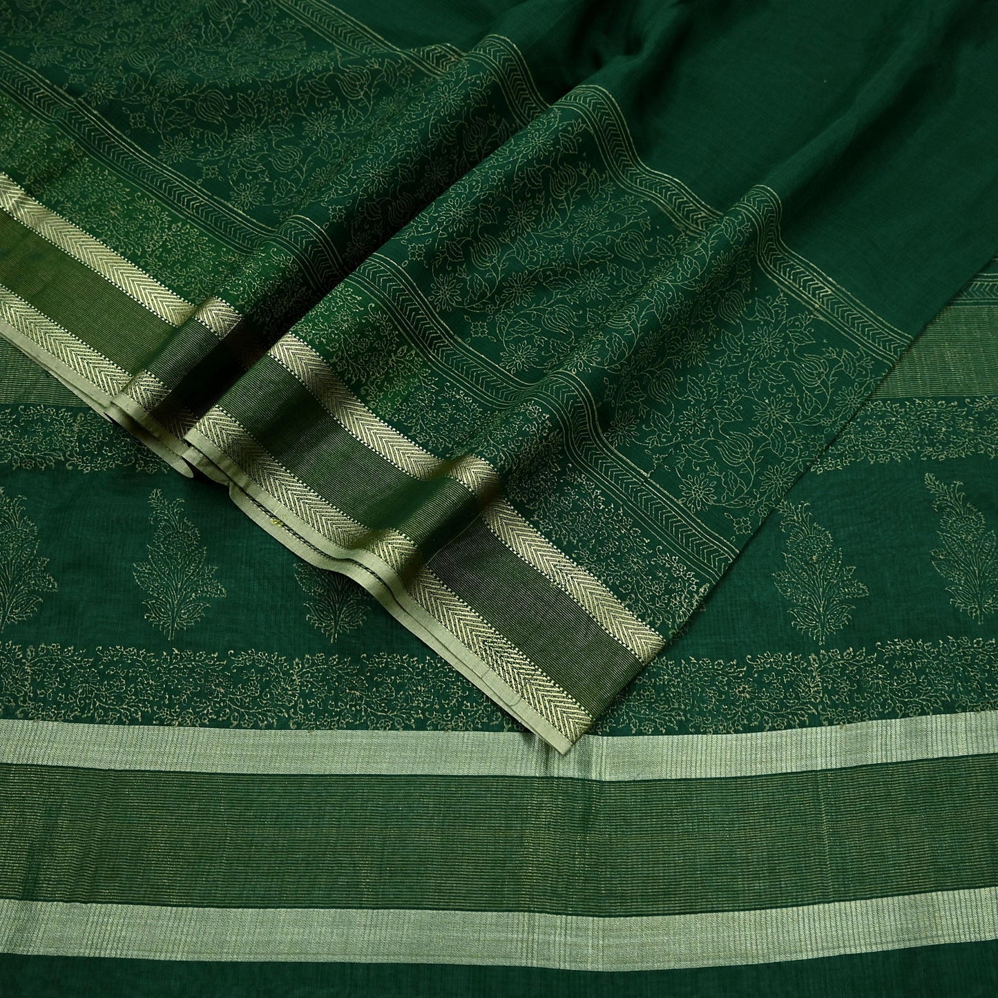 Indian Vintage Sari Green Block Printed Sari Pure chanderi Silk Saree Craft Fabric 5Yd Floral Soft Zari Dress making For Crafting Quilting