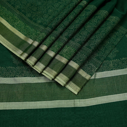 Indian Vintage Sari Green Block Printed Sari Pure chanderi Silk Saree Craft Fabric 5Yd Floral Soft Zari Dress making For Crafting Quilting