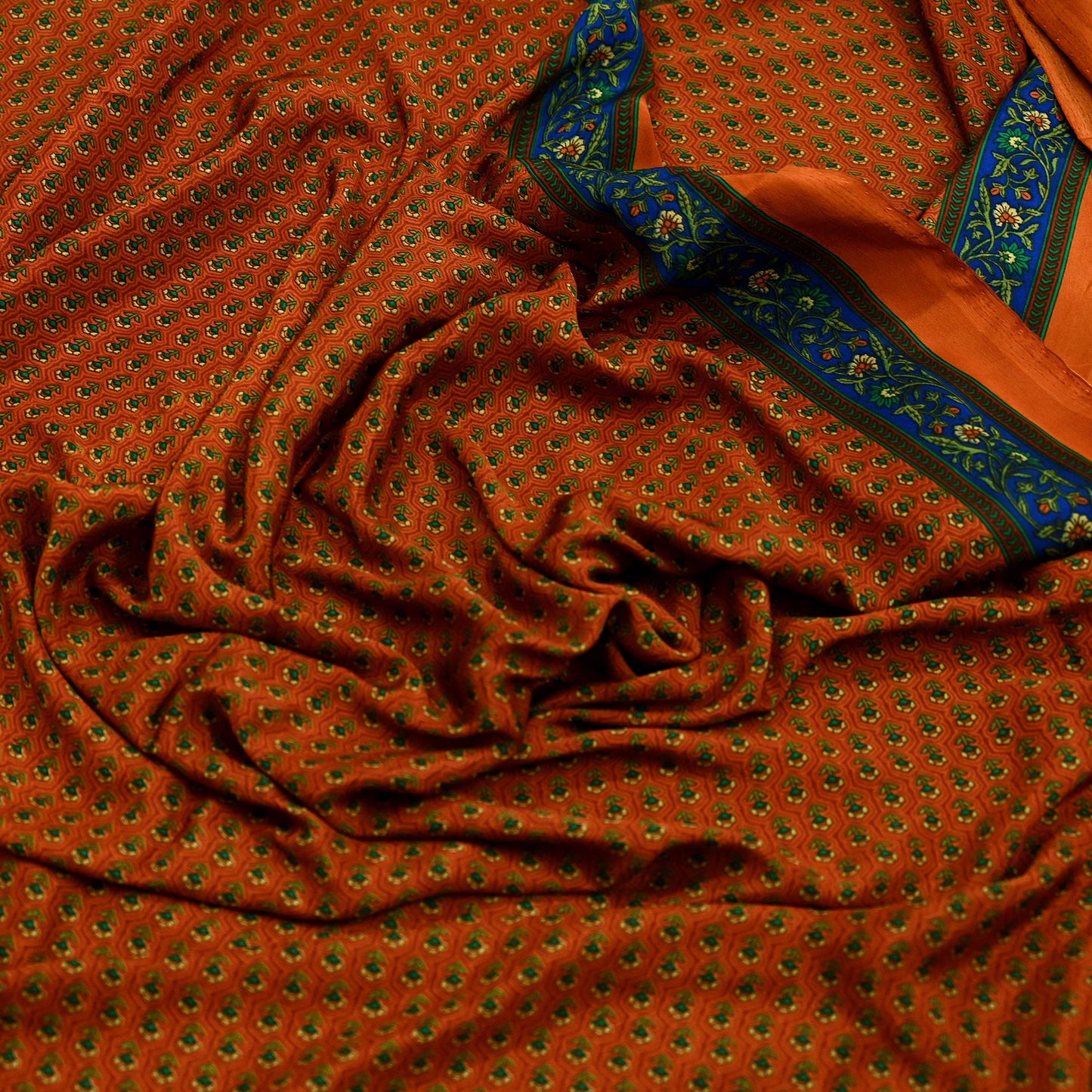 Indian Vintage Saree Orange Moss Crepe Printed Sari 5yd Sewing Floral Soft Craft Fabric Dressmaking Quilting Crafting Upcycle