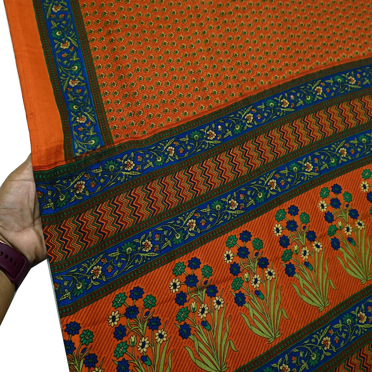 Indian Vintage Saree Orange Moss Crepe Printed Sari 5yd Sewing Floral Soft Craft Fabric Dressmaking Quilting Crafting Upcycle