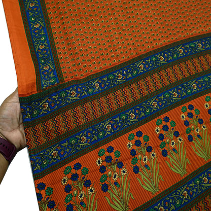 Indian Vintage Saree Orange Moss Crepe Printed Sari 5yd Sewing Floral Soft Craft Fabric Dressmaking Quilting Crafting Upcycle