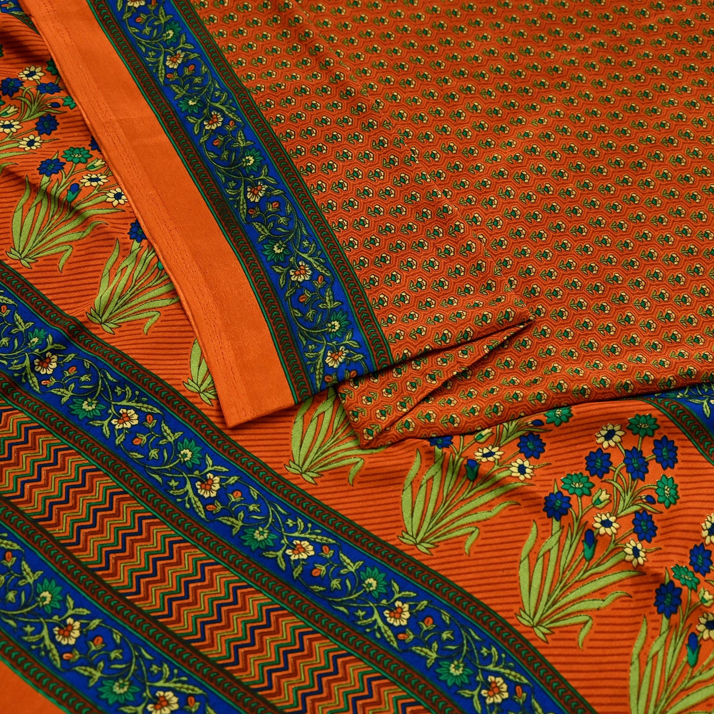 Indian Vintage Saree Orange Moss Crepe Printed Sari 5yd Sewing Floral Soft Craft Fabric Dressmaking Quilting Crafting Upcycle