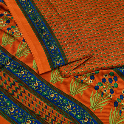 Indian Vintage Saree Orange Moss Crepe Printed Sari 5yd Sewing Floral Soft Craft Fabric Dressmaking Quilting Crafting Upcycle