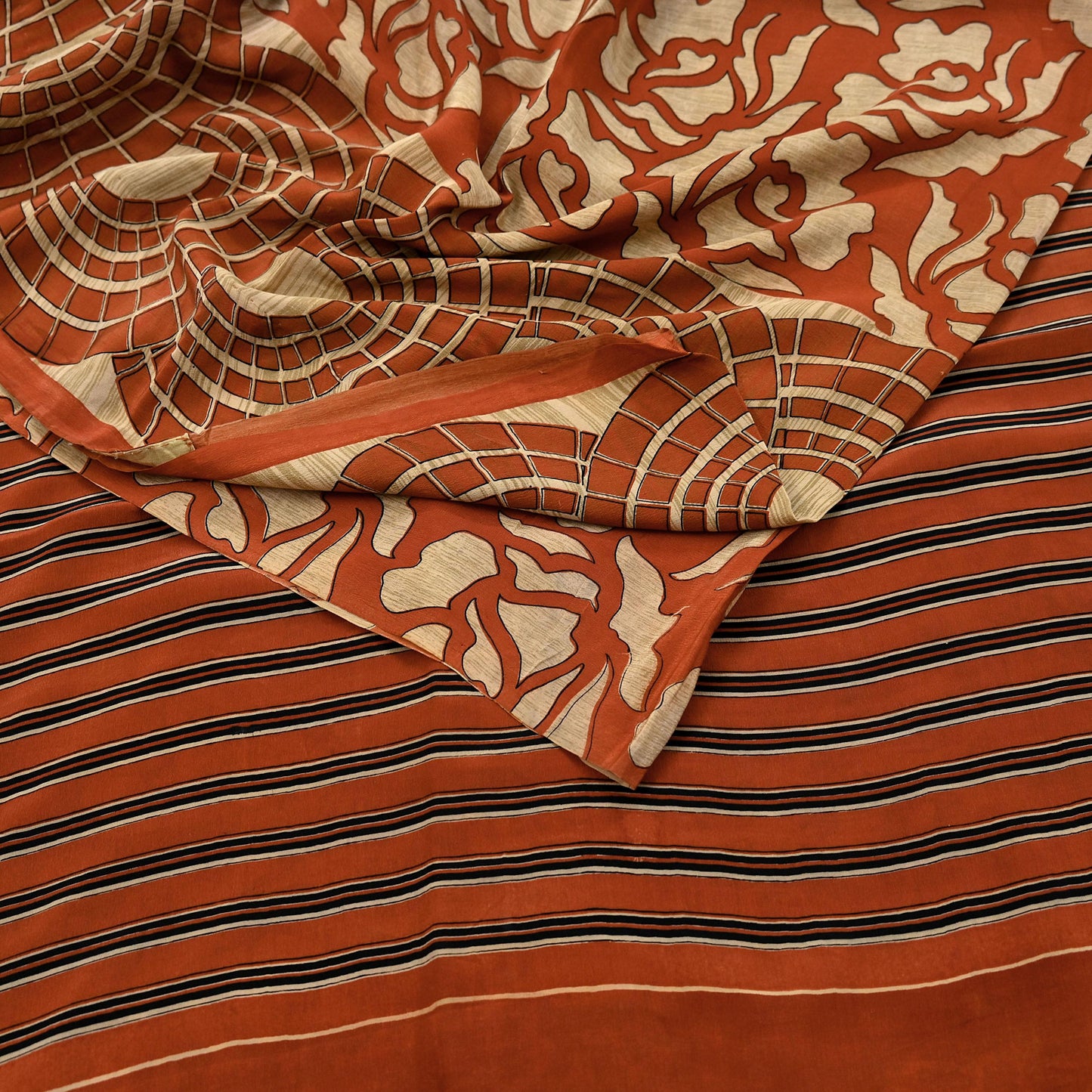 Indian Vintage Sari Orange & Beige Pure Crepe Silk Hand Woven Sarees 6yd Sewing Craft Fabric Dress making Crafting Quilting