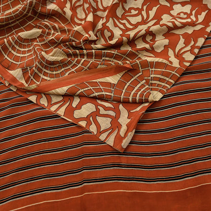 Indian Vintage Sari Orange & Beige Pure Crepe Silk Hand Woven Sarees 6yd Sewing Craft Fabric Dress making Crafting Quilting