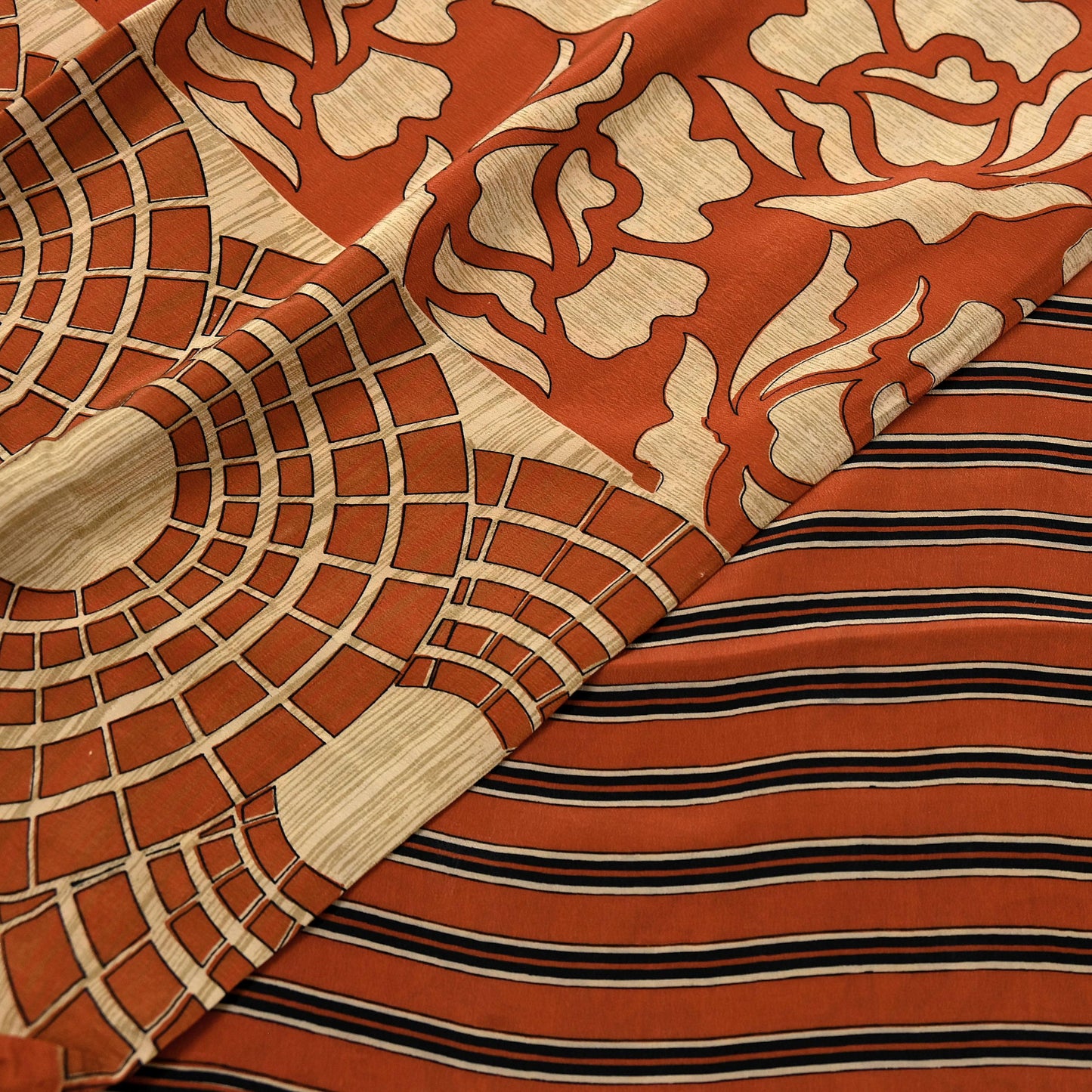 Indian Vintage Sari Orange & Beige Pure Crepe Silk Hand Woven Sarees 6yd Sewing Craft Fabric Dress making Crafting Quilting