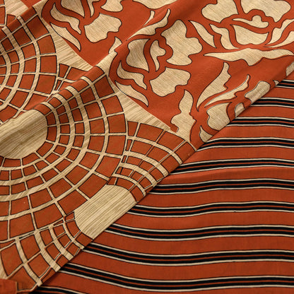 Indian Vintage Sari Orange & Beige Pure Crepe Silk Hand Woven Sarees 6yd Sewing Craft Fabric Dress making Crafting Quilting