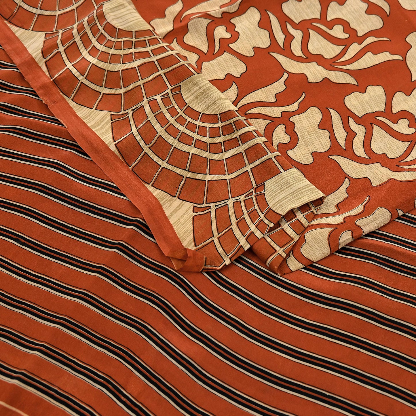 Indian Vintage Sari Orange & Beige Pure Crepe Silk Hand Woven Sarees 6yd Sewing Craft Fabric Dress making Crafting Quilting