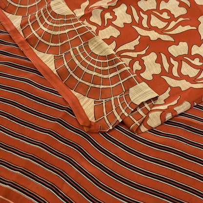 Indian Vintage Sari Orange & Beige Pure Crepe Silk Hand Woven Sarees 6yd Sewing Craft Fabric Dress making Crafting Quilting