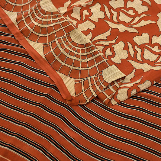 Indian Vintage Sari Orange & Beige Pure Crepe Silk Hand Woven Sarees 6yd Sewing Craft Fabric Dress making Crafting Quilting