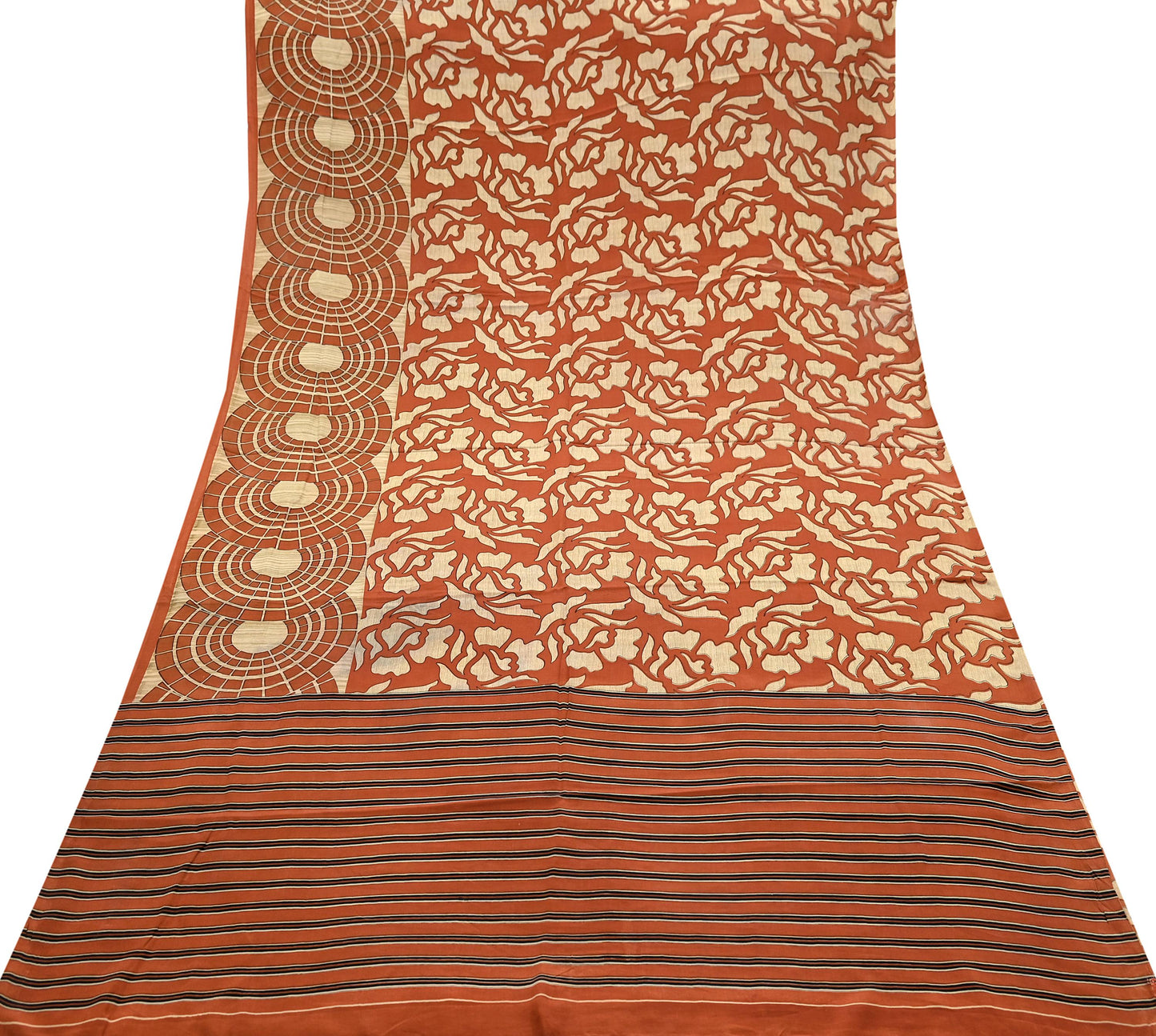 Indian Vintage Sari Orange & Beige Pure Crepe Silk Hand Woven Sarees 6yd Sewing Craft Fabric Dress making Crafting Quilting