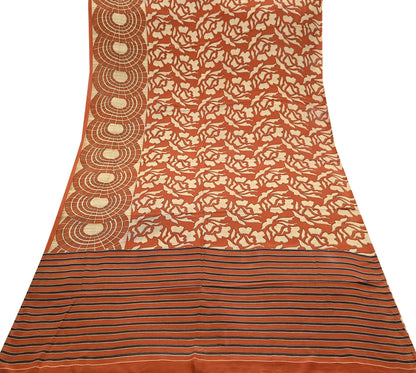 Indian Vintage Sari Orange & Beige Pure Crepe Silk Hand Woven Sarees 6yd Sewing Craft Fabric Dress making Crafting Quilting