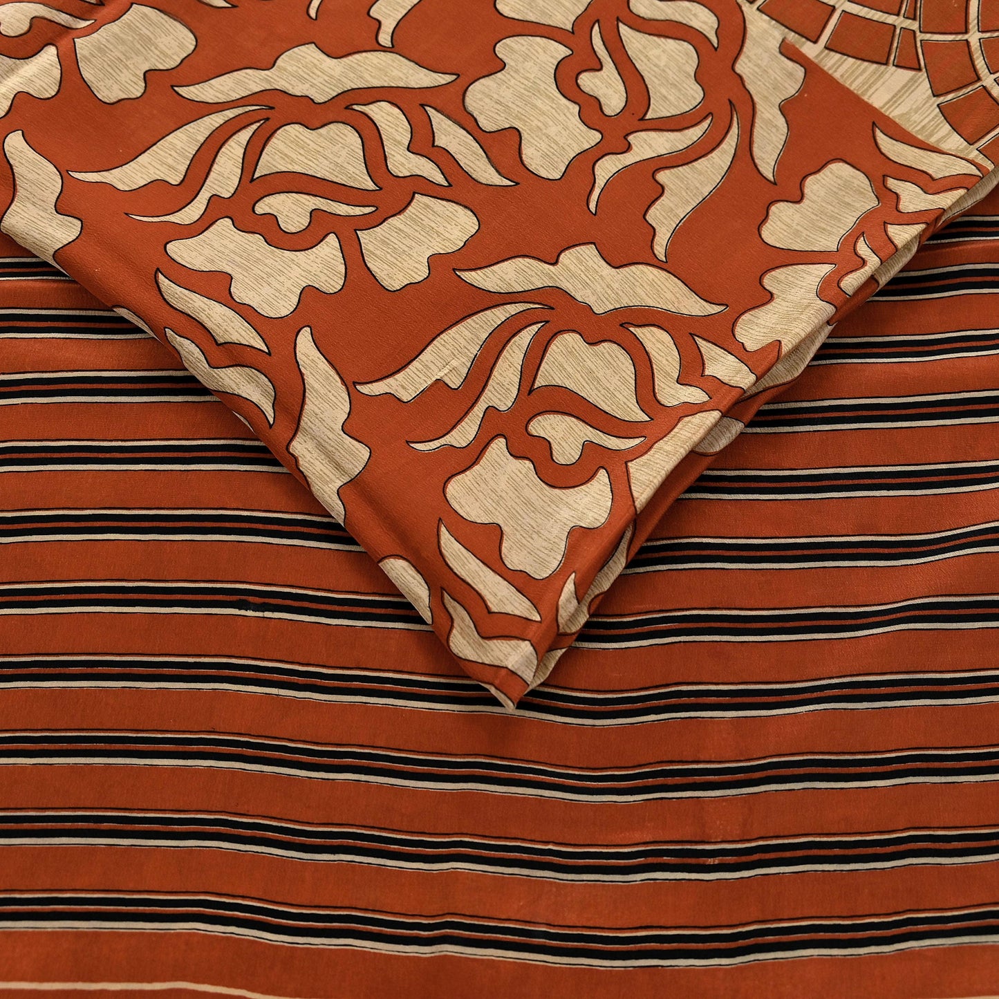 Indian Vintage Sari Orange & Beige Pure Crepe Silk Hand Woven Sarees 6yd Sewing Craft Fabric Dress making Crafting Quilting