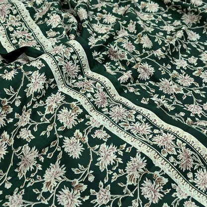 Indian Vintage Ivory & Green Saree Pure Silk Printed Sari 6yd Sewing Craft Fabric Dress Making Soft Crafting Quilting Quilting Upcycle