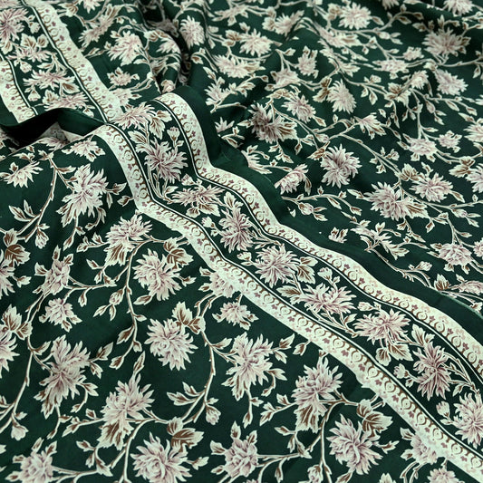 Indian Vintage Ivory & Green Saree Pure Silk Printed Sari 6yd Sewing Craft Fabric Dress Making Soft Crafting Quilting Quilting Upcycle